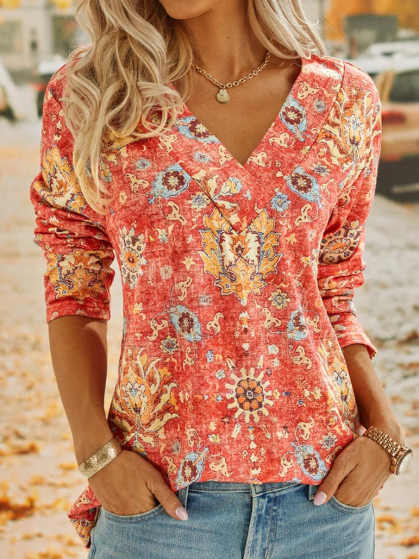 Boho Summer Flower Red V-Neck Top