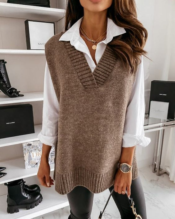 Coffee V-Neck Plain Sleeveless Vest