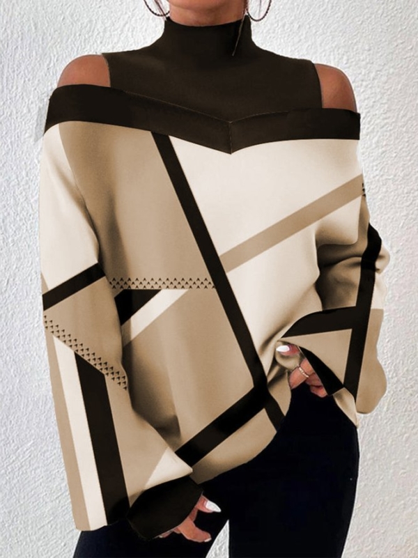 Coffee Mock Neck Color Block Top