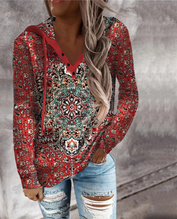 Red Mandala Print Hooded Henley Long Sleeve Sweatshirt