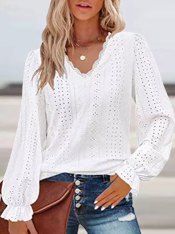 White Eyelet Lace Long Balloon Sleeve Top