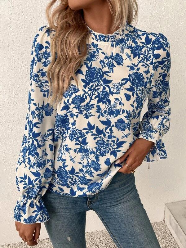 Vintage Blue Flower Print Leg o Mutton Top