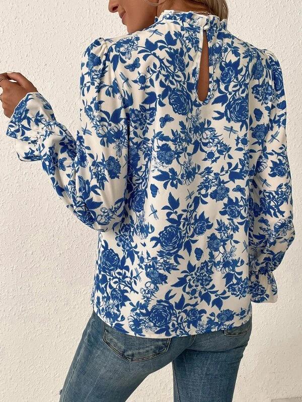 Vintage Blue Flower Print Leg o Mutton Top