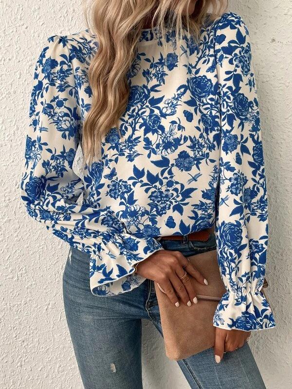 Vintage Blue Flower Print Leg o Mutton Top