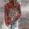 Red Mandala Print Hooded Henley Long Sleeve Sweatshirt