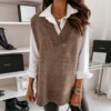 Coffee V-Neck Plain Sleeveless Vest
