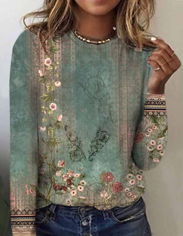 Vintage Green Floral Print Long Sleeve Top