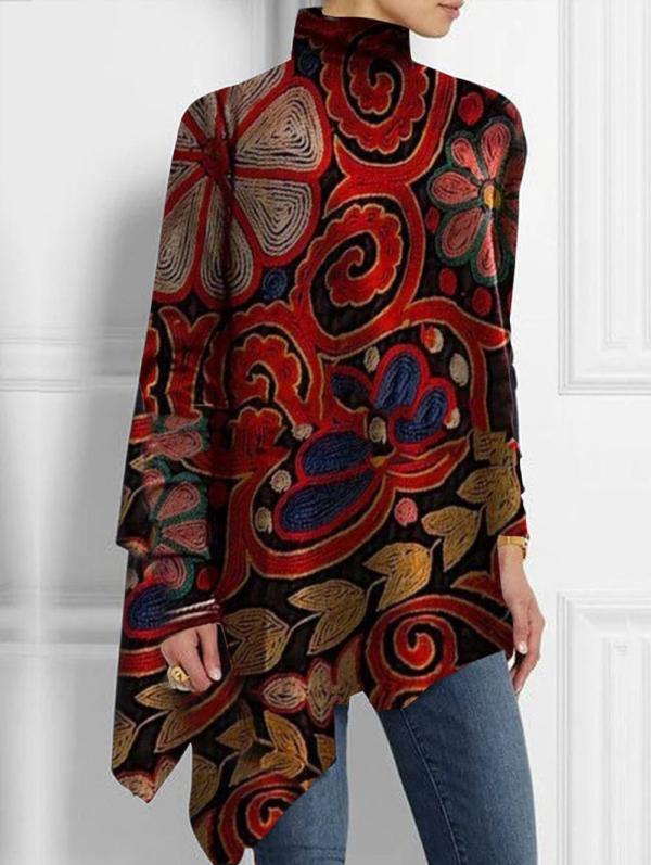 Oversized Artistic Floral Ribbon Mock Neck Top