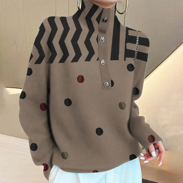 Brown Black Zig-Zag Polka Dot High-Neck Top