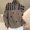 Brown Black Zig-Zag Polka Dot High-Neck Top