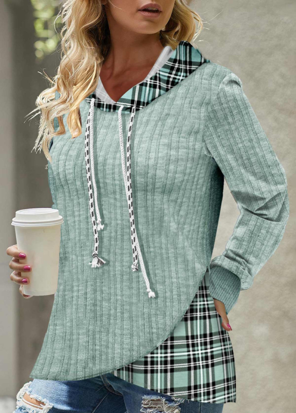 Mint Green & Plaid Twofer Layered Hoodie Sweatshirt