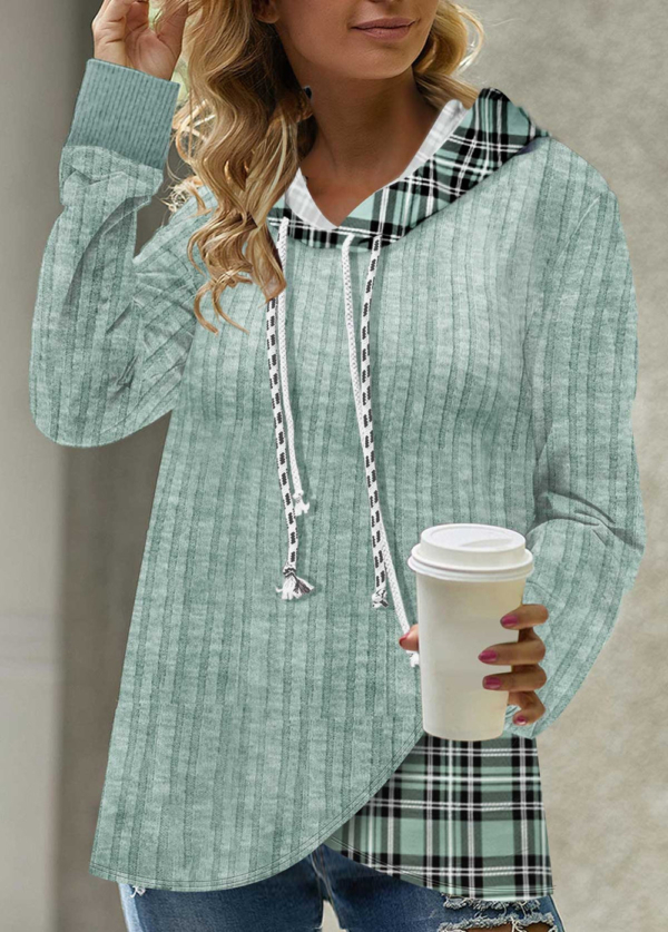 Mint Green & Plaid Twofer Layered Hoodie Sweatshirt