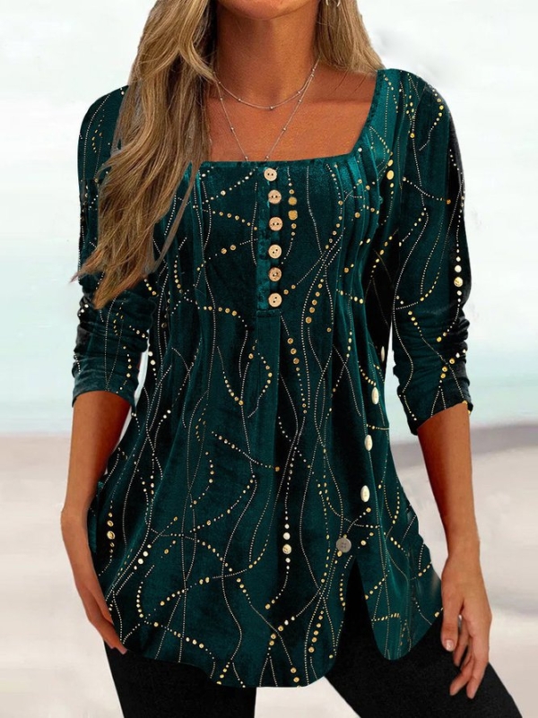 Green Print Square Neck Top
