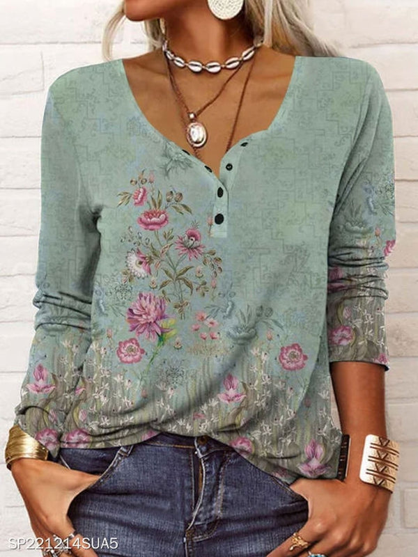 Green Floral Print Long Sleeve Top
