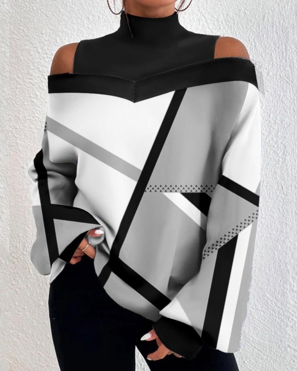 Geometric Gray White  Black Cold Shoulder Top