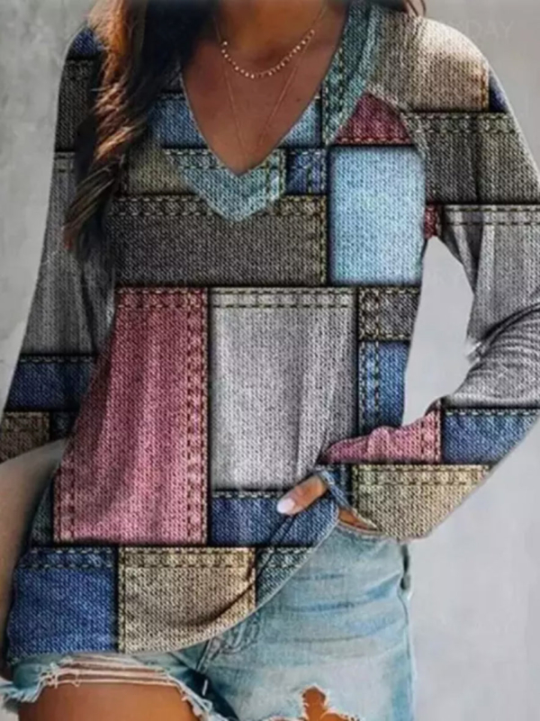 Color Block Patchwork Print Long Sleeve Top
