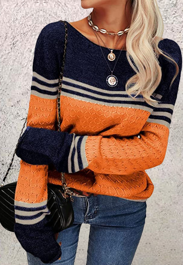 Orange and Blue Color Block Striped Long Sleeve Top