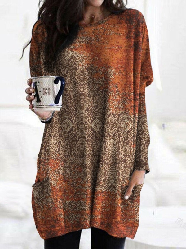 Orange Print Long Sleeve Top