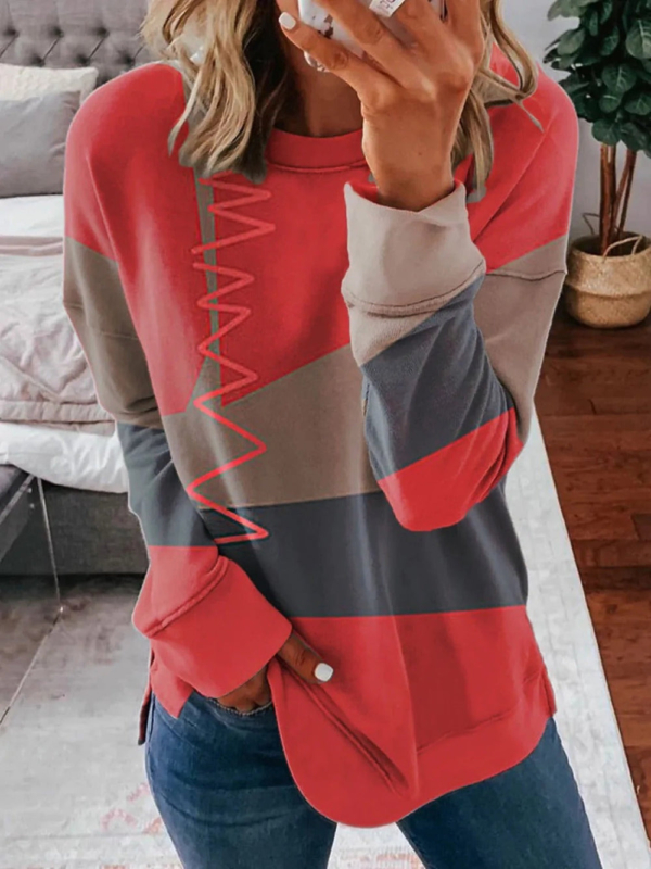 Zig Zag Color Block Asymmetrical Long Sleeve Top