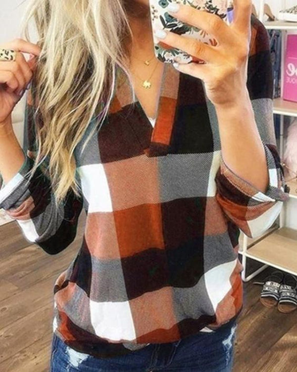 Showy Plaid Long Sleeve Top