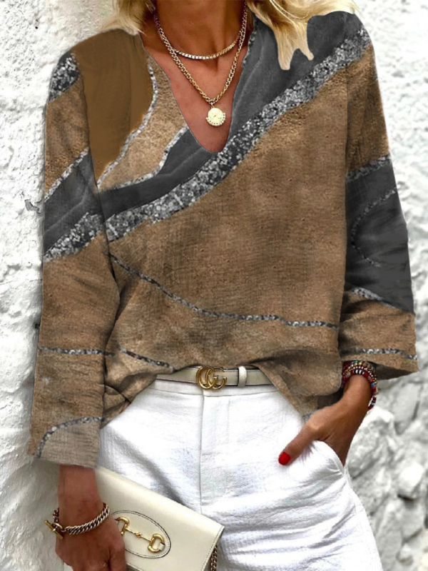 Brown Print V-Neck Top