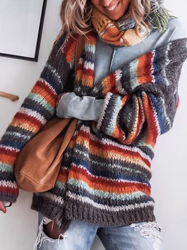 Grey Long Sleeve Striped Outerwear
