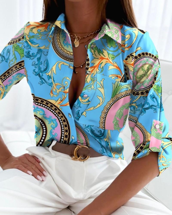 Gold Necklace Chain Print Aqua Blouse Top