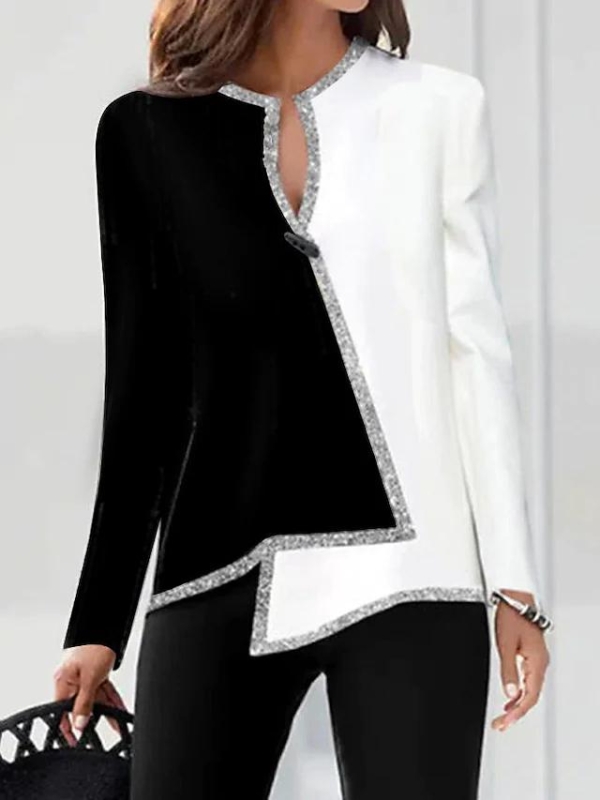 Black White Silver Trim Color Block Tunic Top