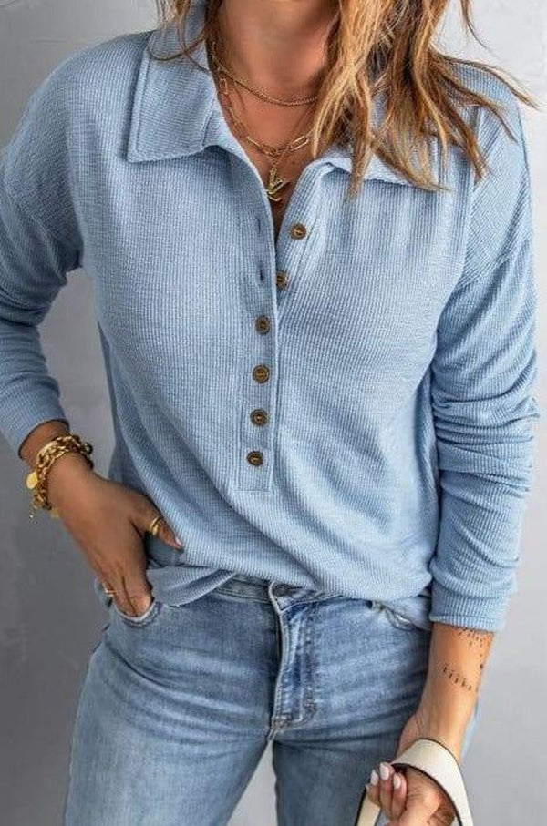 Blue Fold-Over Collar Thermal Henley Top
