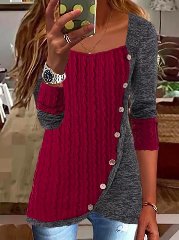 Ribbed Red Wine Gray Asymmetrical Color Block Top