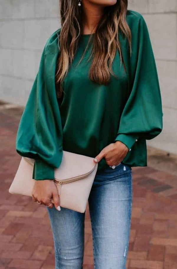 Green Plain Long Sleeve Top