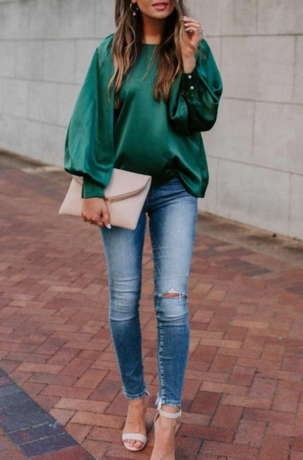 Green Plain Long Sleeve Top