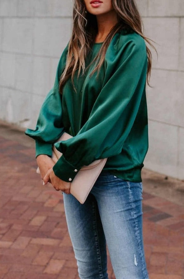 Green Plain Long Sleeve Top