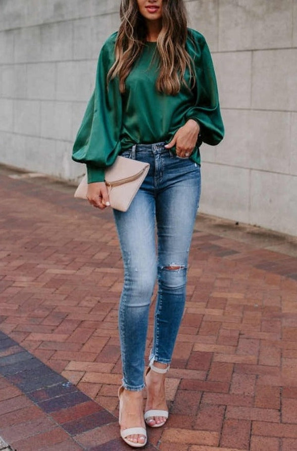 Green Plain Long Sleeve Top