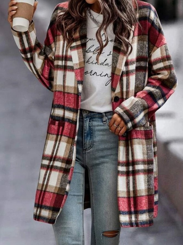 Red White Black Plaid Button Front Long Jacket