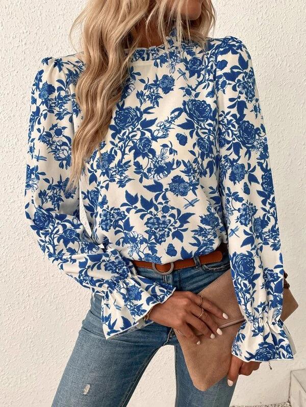 Vintage Blue Flower Print Leg o Mutton Top