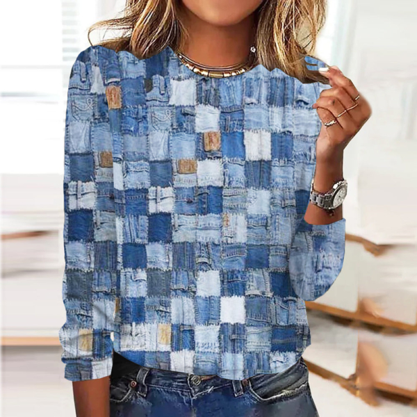 Youthful Blue Plaid Round Neck Top