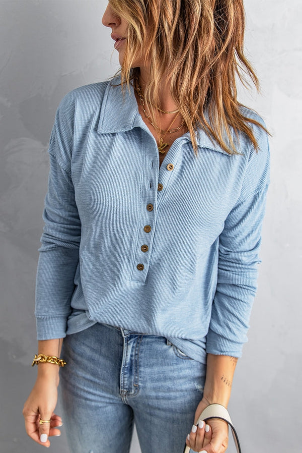 Blue Fold-Over Collar Thermal Henley Top